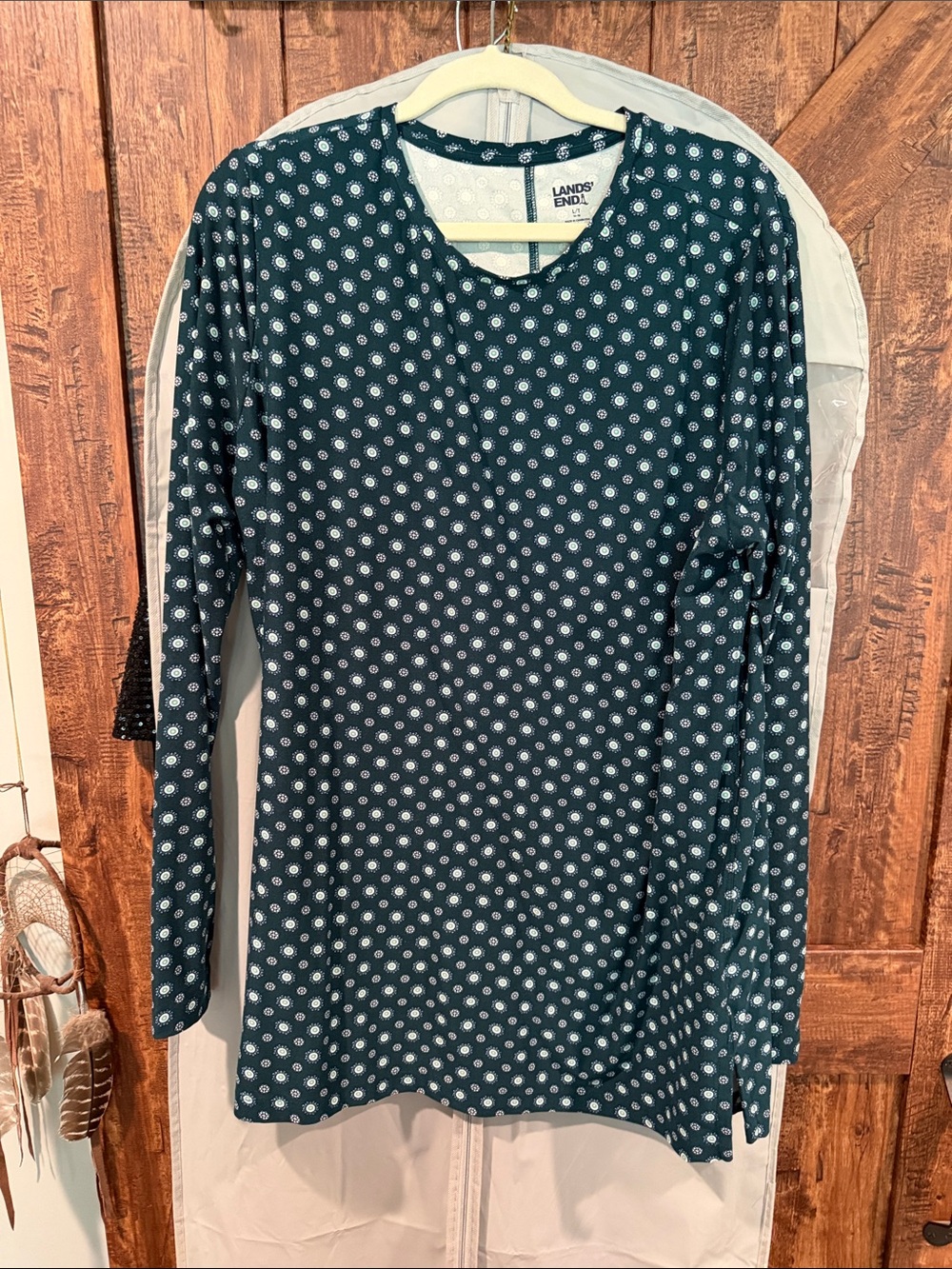 Lands' End Teal Long Sleeve Crewneck with White Dot Print